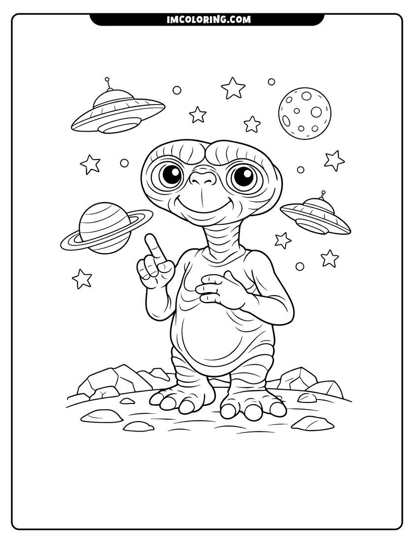 Scene showing Friendly E.T. alien standing on a rocky surface to color