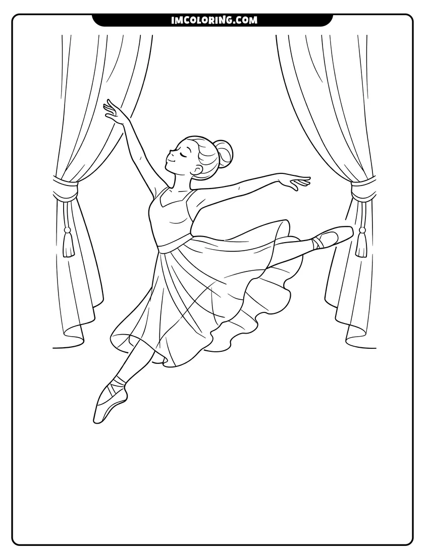 Line art depicting Graceful ballerina leaping in the air on stage
