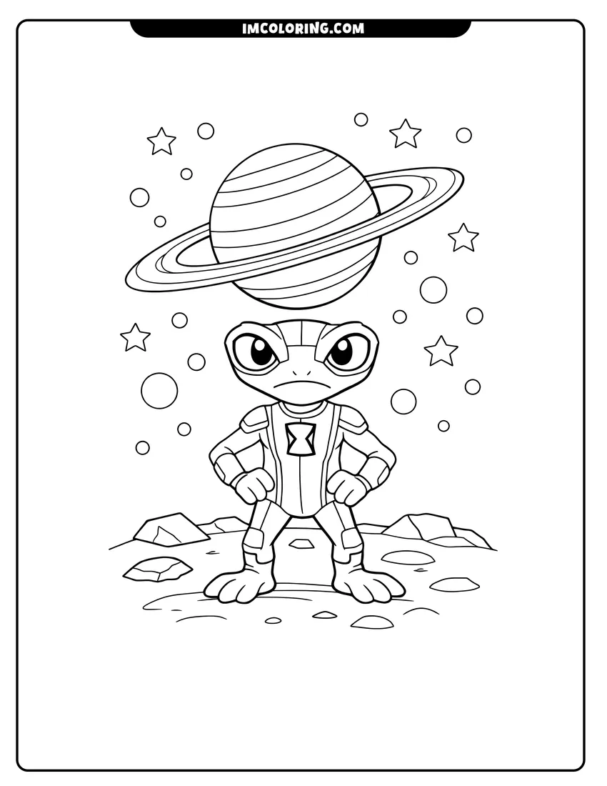 Easy-to-color Grey Matter alien standing on a rocky moon surface illustration