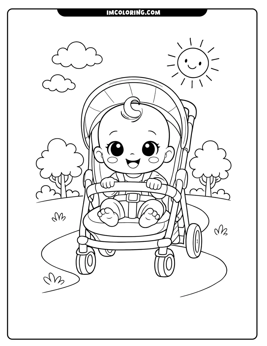 Black and white Expressive baby sitting in a stroller on park path coloring sheet