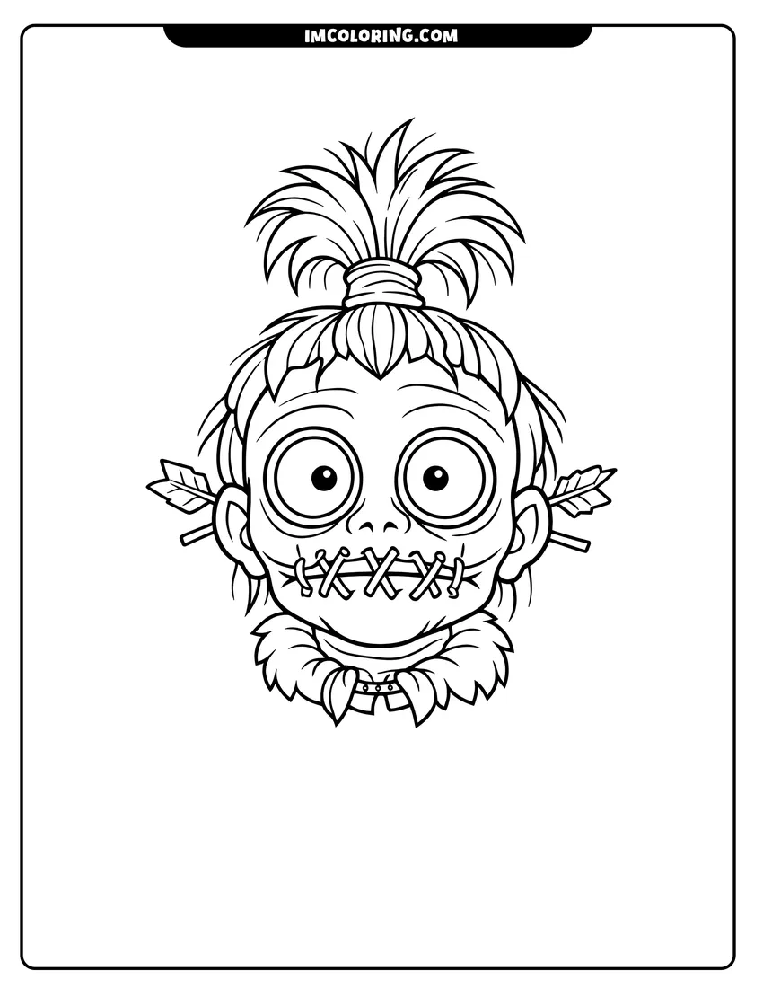 Illustration of Shrunken head of Harry the Hunter with large eyes ready for painting