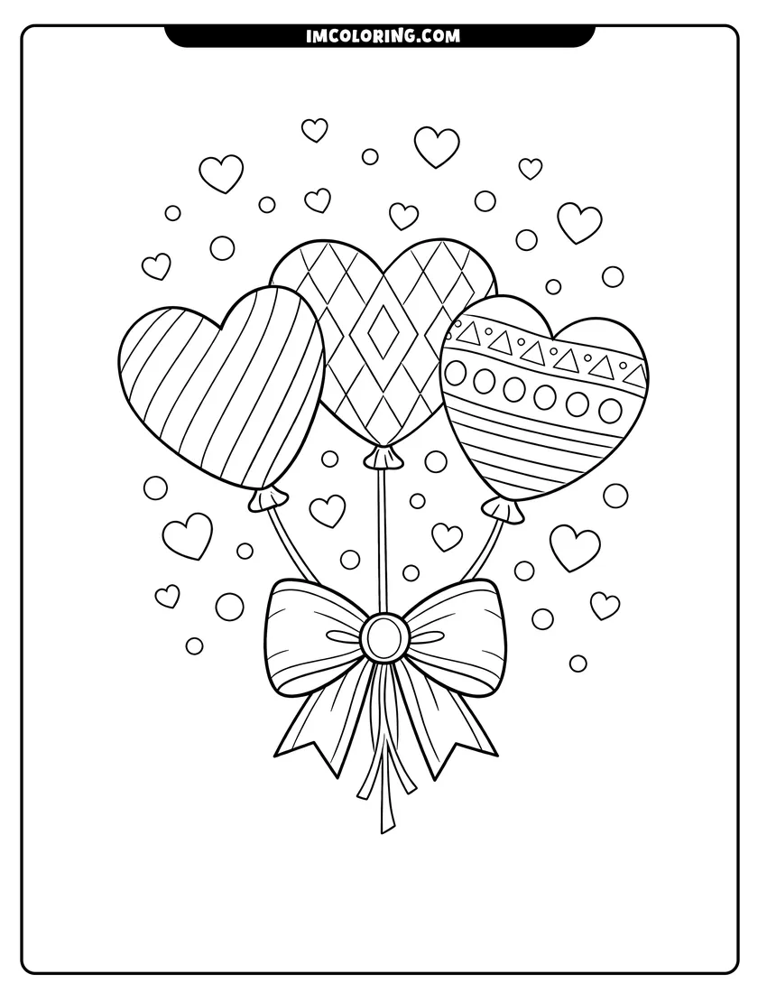 Printable coloring page featuring Three heart-shaped balloons with geometric patterns