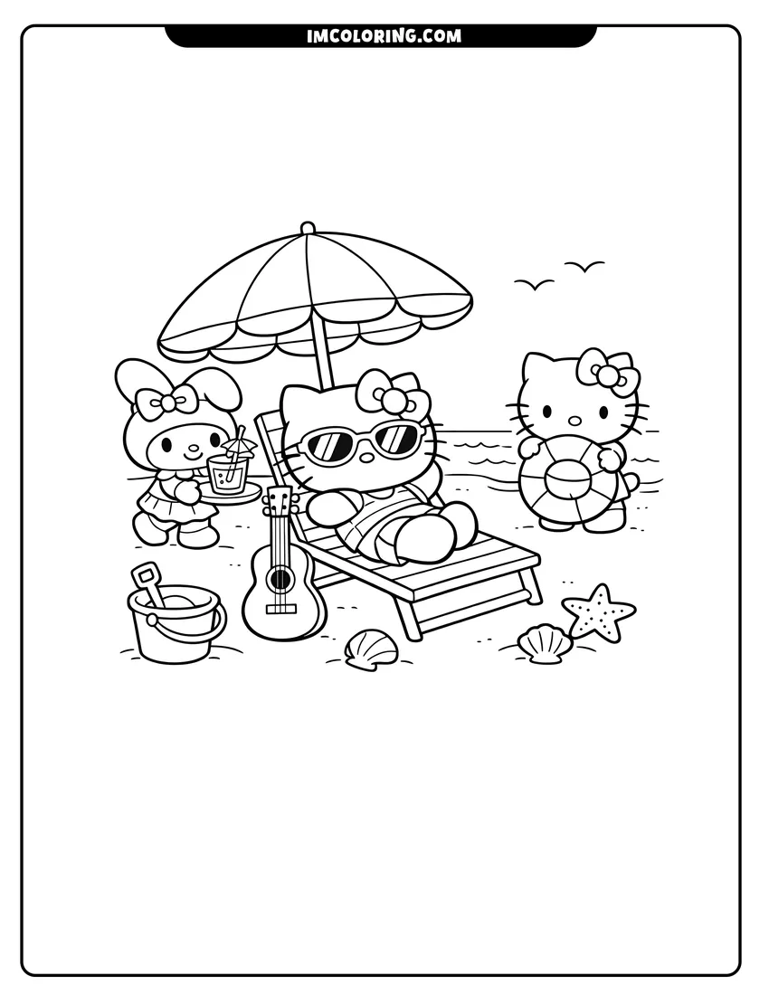 Kawaii style Hello Kitty and My Melody lounging on the beach coloring picture