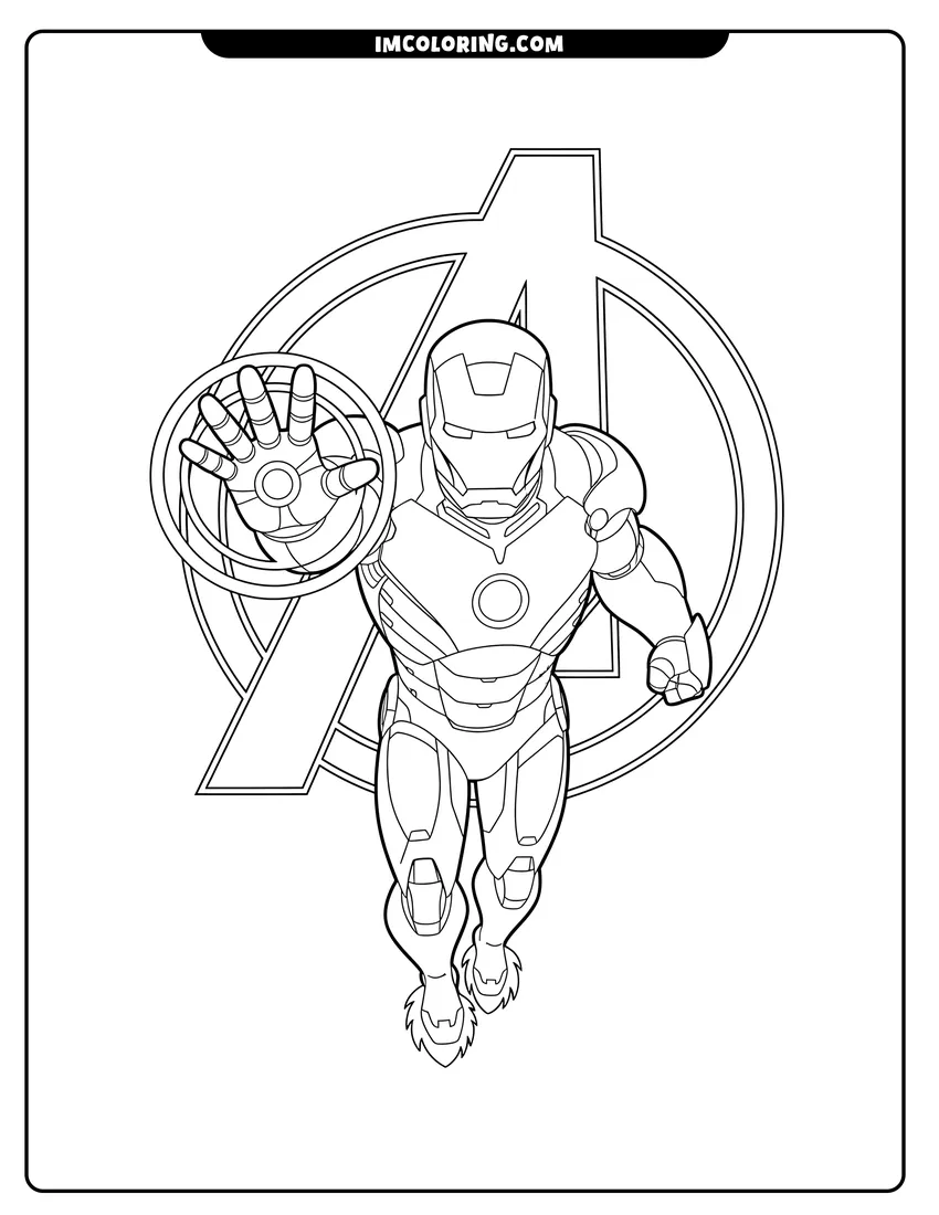 Outline of Iron Man flying in front of Avengers logo on a white background
