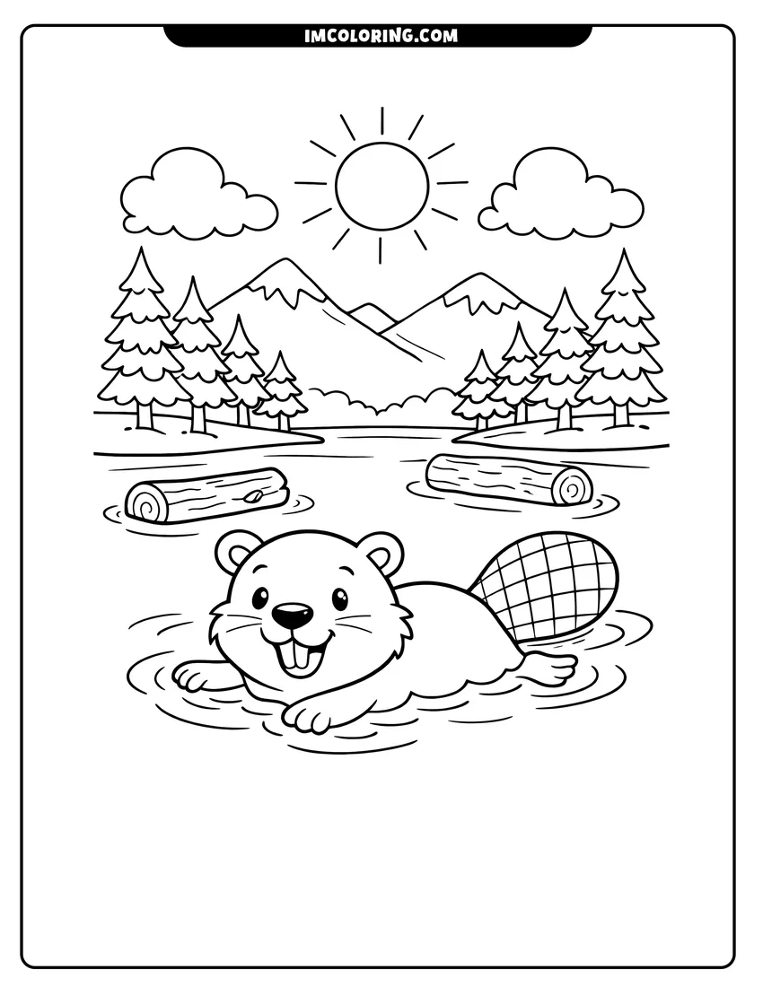Easy-to-color Happy beaver swimming in a river with mountains illustration