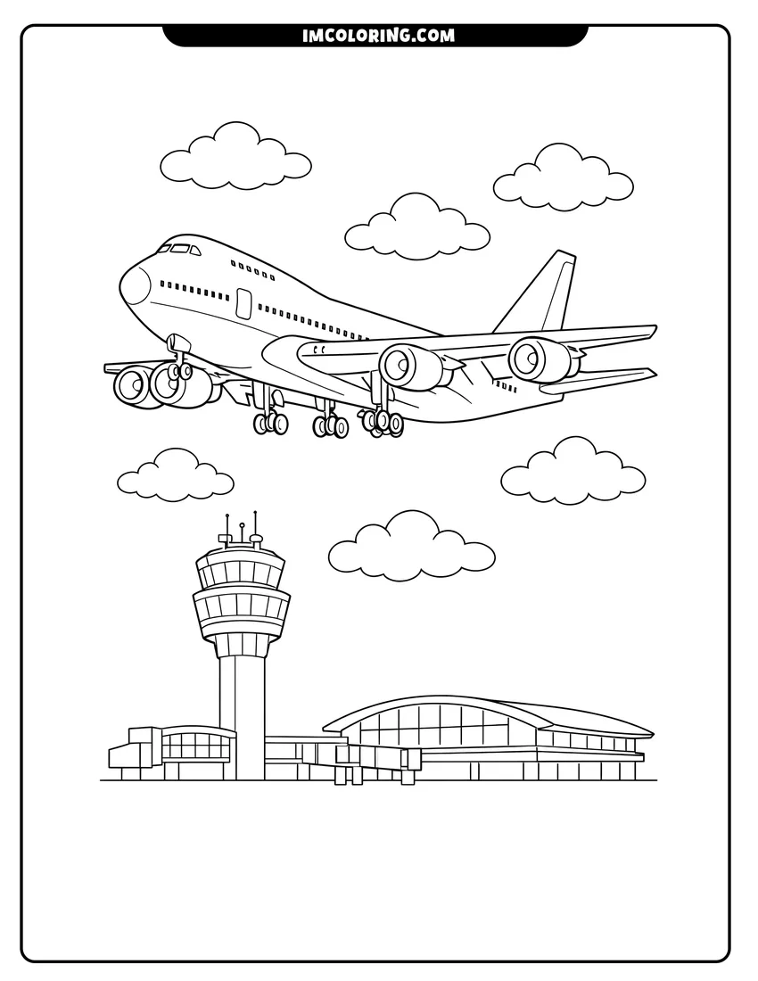 Illustration of Boeing 747 jumbo jet flying over an airport tower ready for painting