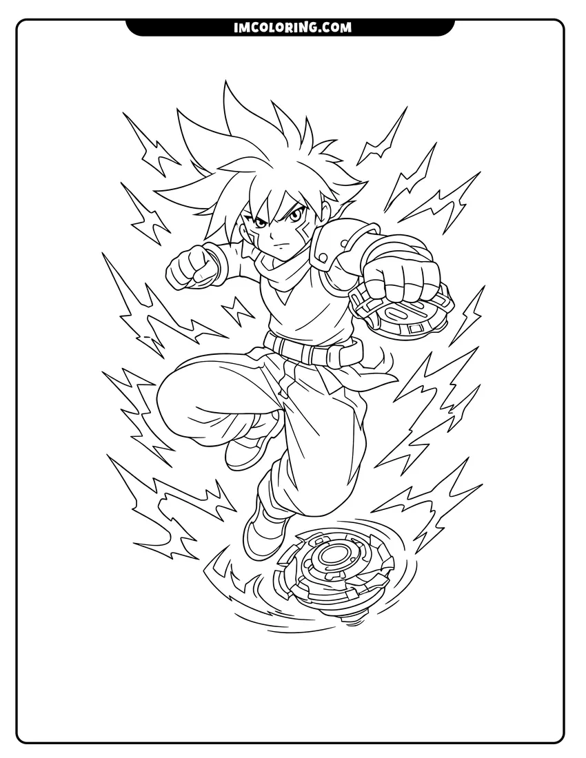 Simple sketch of Kai Hiwatari jumping within a field of crackling energy for children