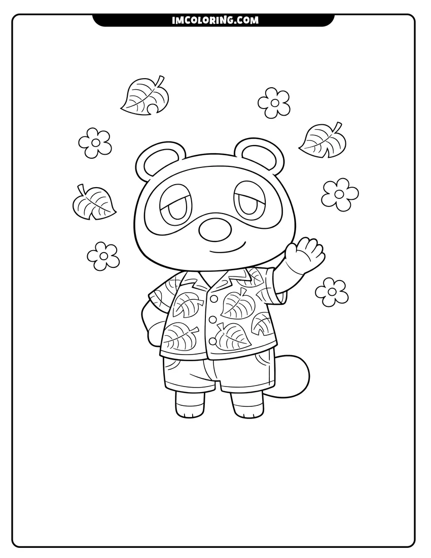 Illustration of Tom Nook in a Hawaiian shirt with floating leaves ready for painting