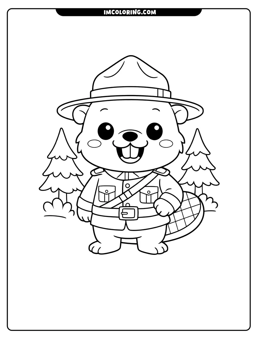 Kawaii style Kawaii beaver in a Mountie uniform and hat coloring picture