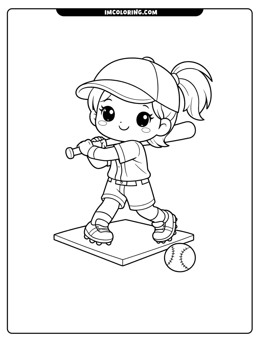 Simple sketch of Kawaii girl playing baseball with a bat for children
