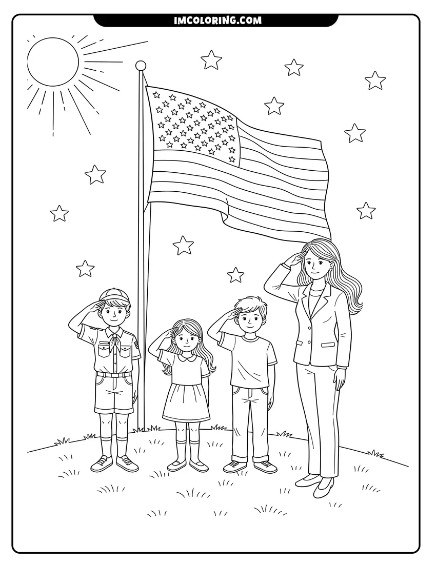 Printable coloring page of Children and a leader saluting a large American flag