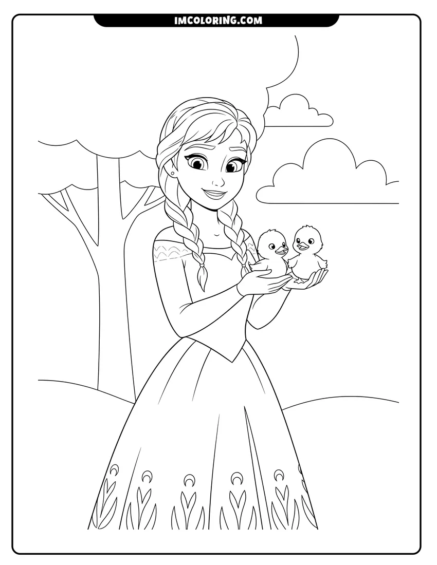 Illustration of Anna holding two small ducklings in her hands ready for painting