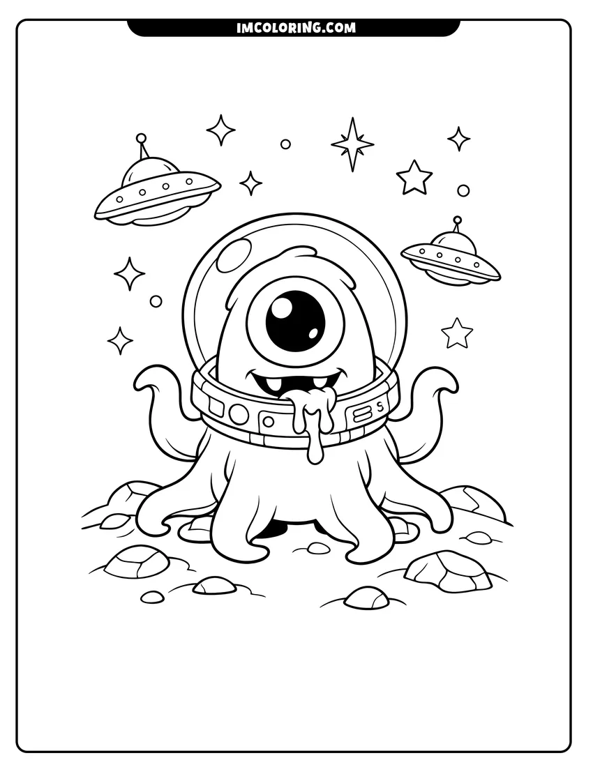 Kawaii style One-eyed tentacle alien wearing a glass helmet coloring picture