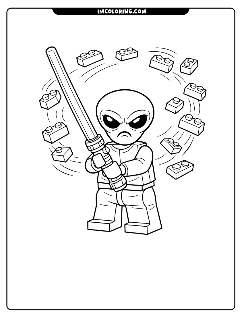 Black and white Lego-style alien minifigure holding a laser sword coloring sheet