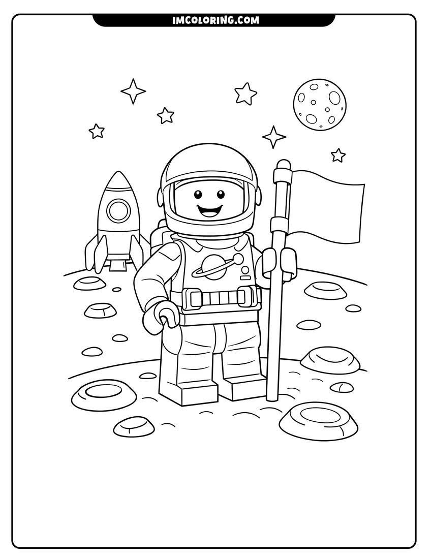 Printable coloring page featuring Smiling Lego astronaut holding a flag on the moon