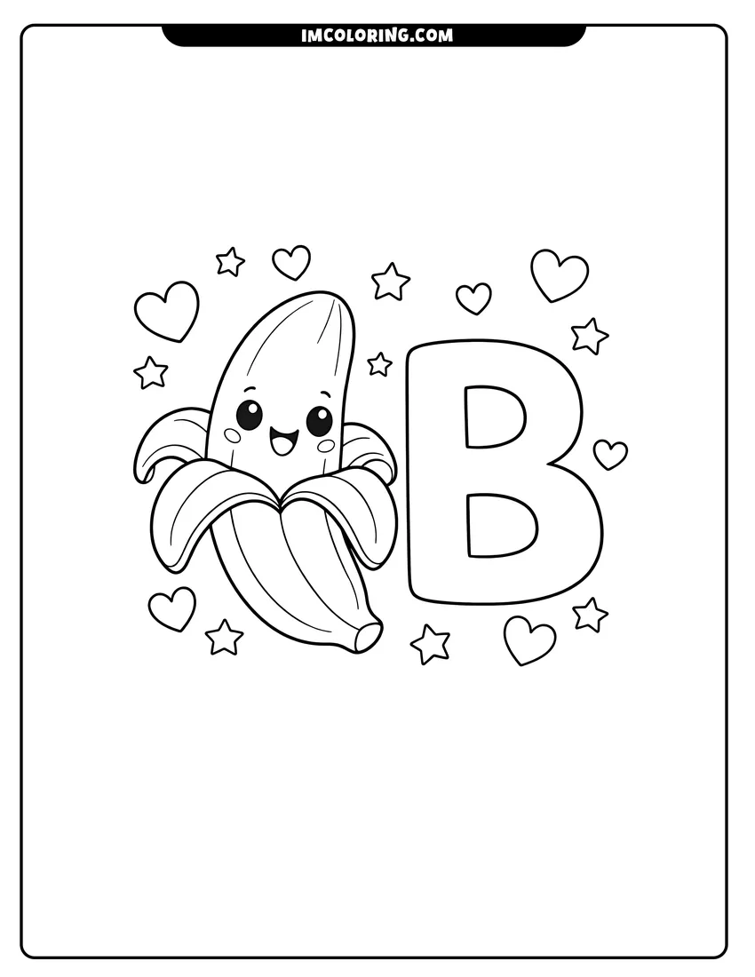 Line art depicting Kawaii banana next to the letter B with stars
