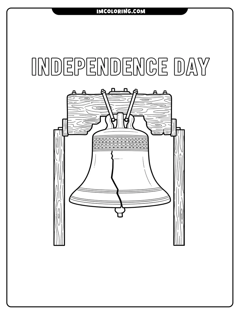 Full page coloring image of The cracked Liberty Bell hanging from a wooden yoke