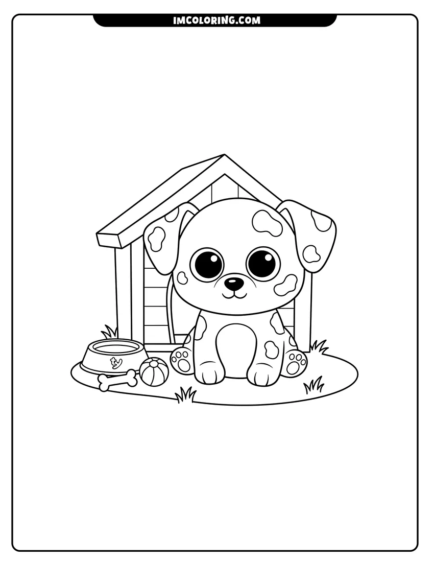 Beanie Boo dalmatian puppy near a doghouse drawing meant for coloring
