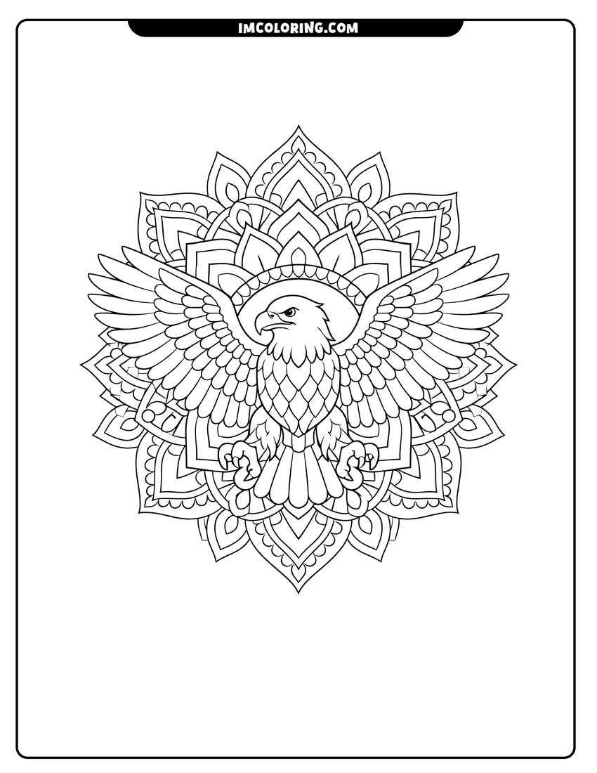 Printable Majestic eagle at the center of a geometric mandala coloring activity