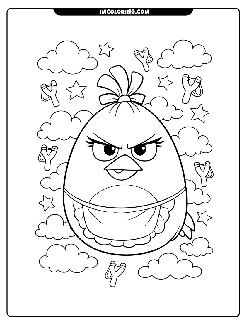 Cute Matilda surrounded by a pattern of stars and clouds outline for coloring