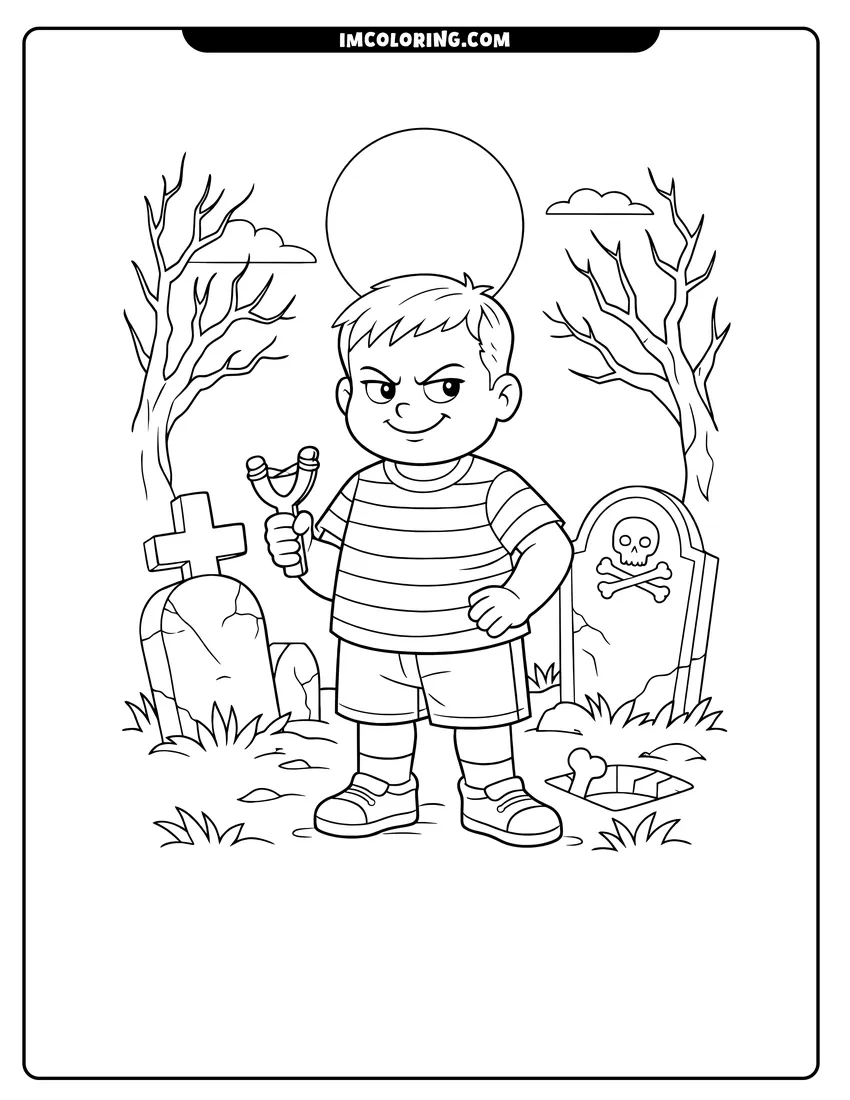 Printable Pugsley Addams standing in a cemetery under a full moon coloring activity