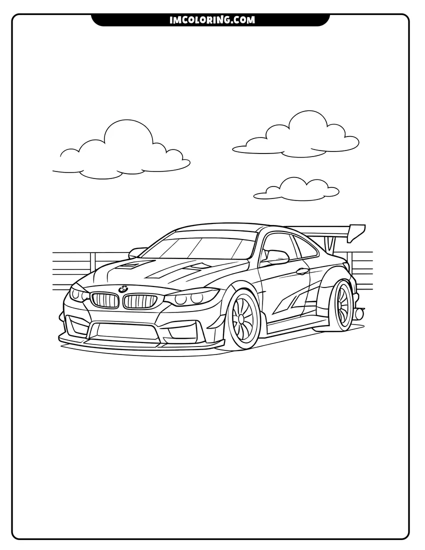 Kids activity sheet showing Modified Bmw M4 race car with large spoiler