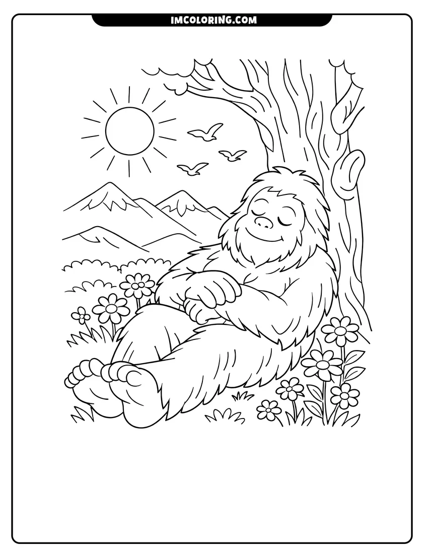 Kawaii style Large Bigfoot Yeti sleeping peacefully against a gnarled tree coloring picture