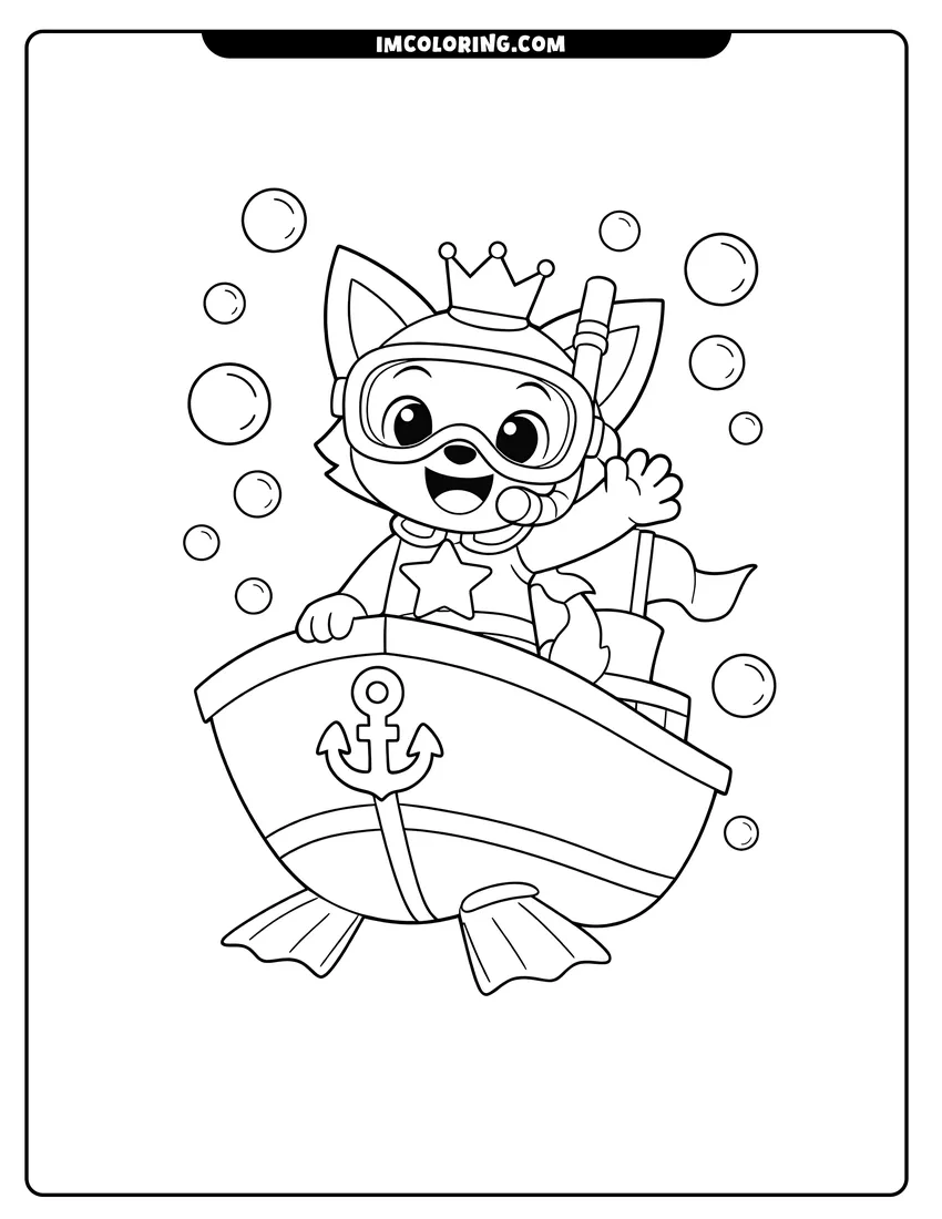 Kids activity sheet showing Pinkfong fox in snorkel mask on a ship