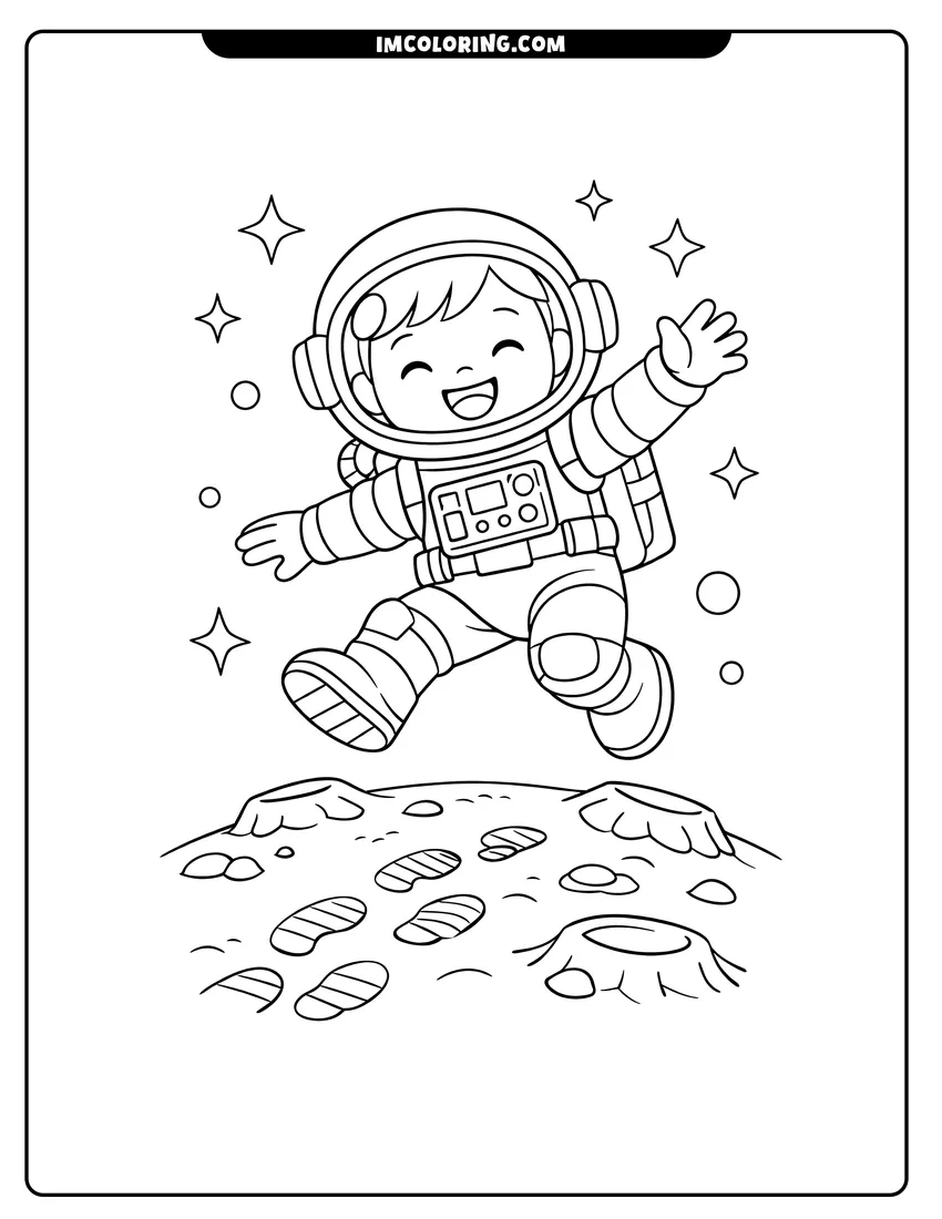 Cute Astronaut floating over a rocky surface with footprints outline for coloring