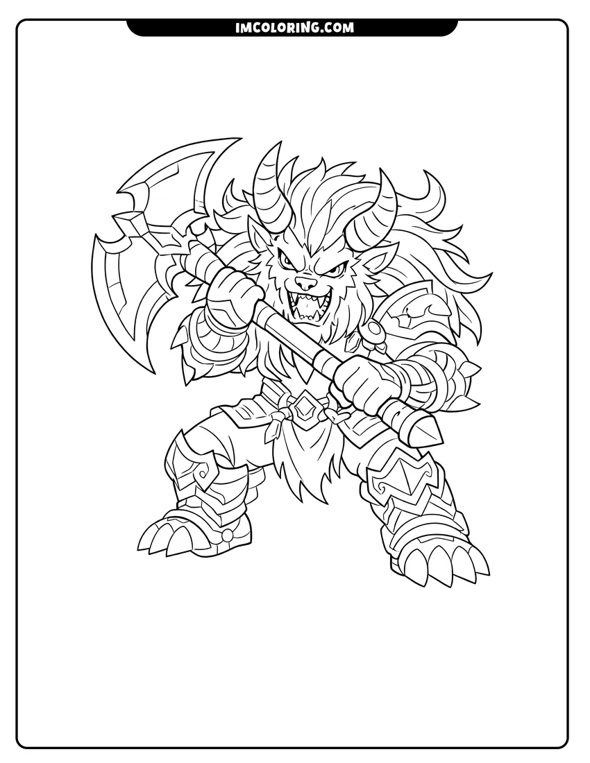 Simple line drawing of Storm Spriggan beast with armor and a battle axe