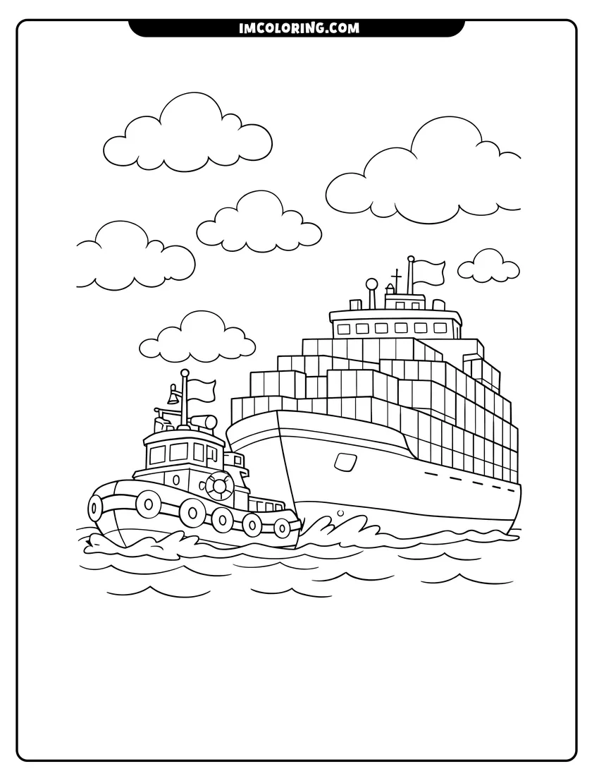 Illustration of Powerful tugboat pushing a huge container ship across the sea ready for painting