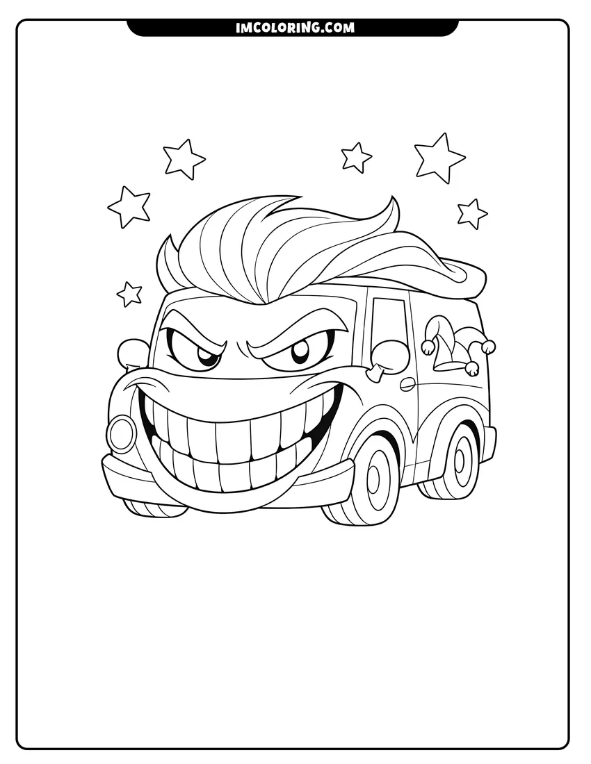 Kids activity sheet showing Prank the Joker's van with a big toothy grin