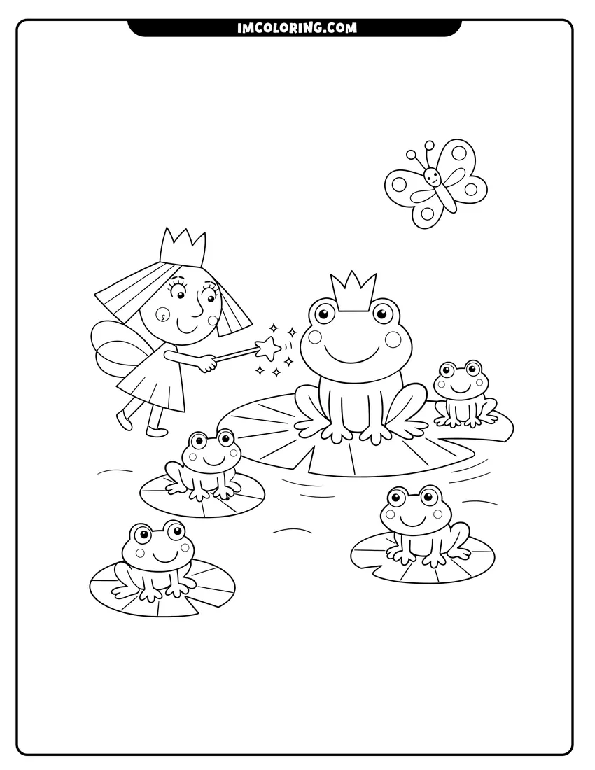 Printable Princess Holly pointing wand at a frog prince coloring activity