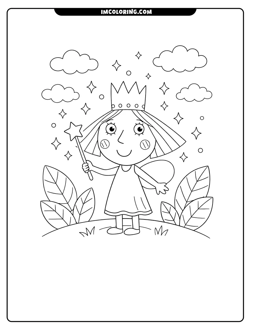 Printable outline of Princess Holly holding wand on a grassy hill