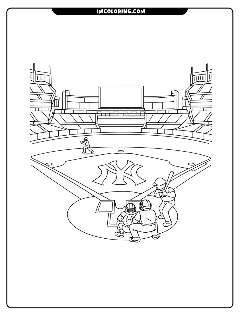 Simple line drawing of Professional baseball stadium with diamond and scoreboard