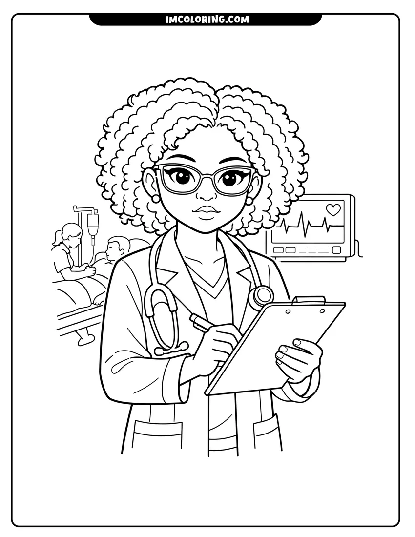 Black and white Black girl doctor working in an emergency room coloring sheet