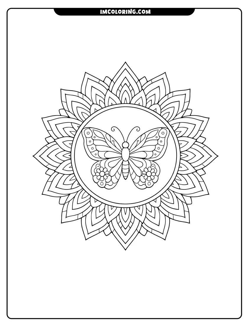 Butterfly centered inside a circular radiating flower mandala coloring page for preschoolers