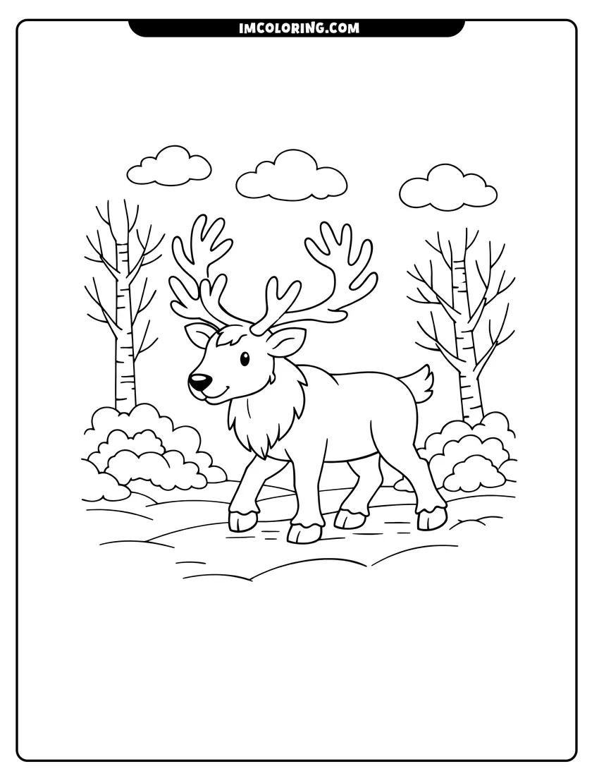 Printable outline of Reindeer with branching antlers walking on snowy path