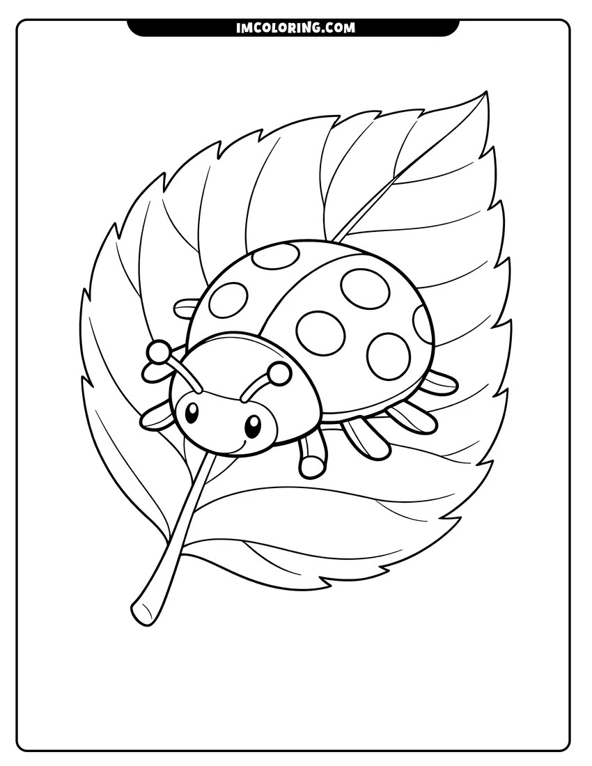 Simple ladybug beetle with spots on a veined leaf coloring page for preschoolers