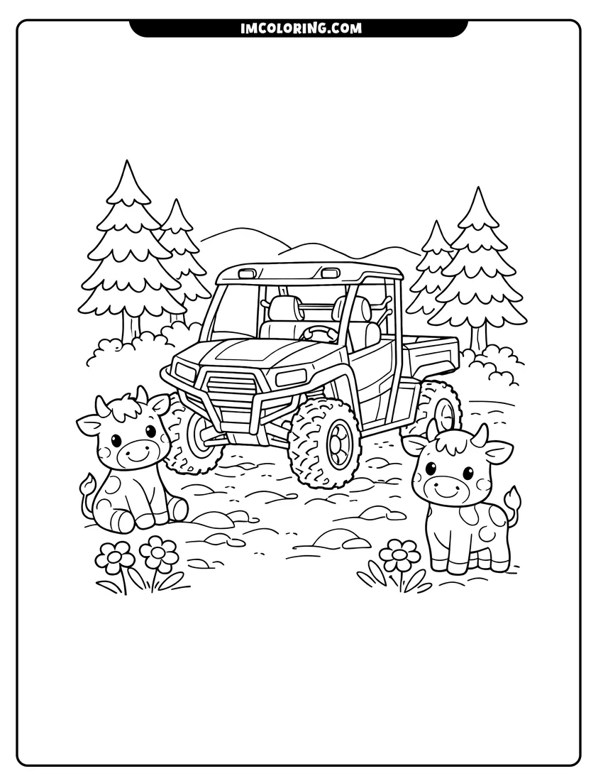 Outline of UTV on a path with cartoon cows on a white background