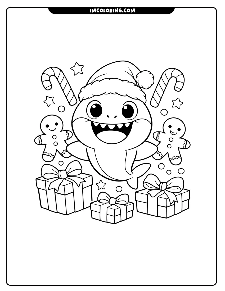 Printable coloring page featuring Baby Shark in Santa hat with Christmas treats