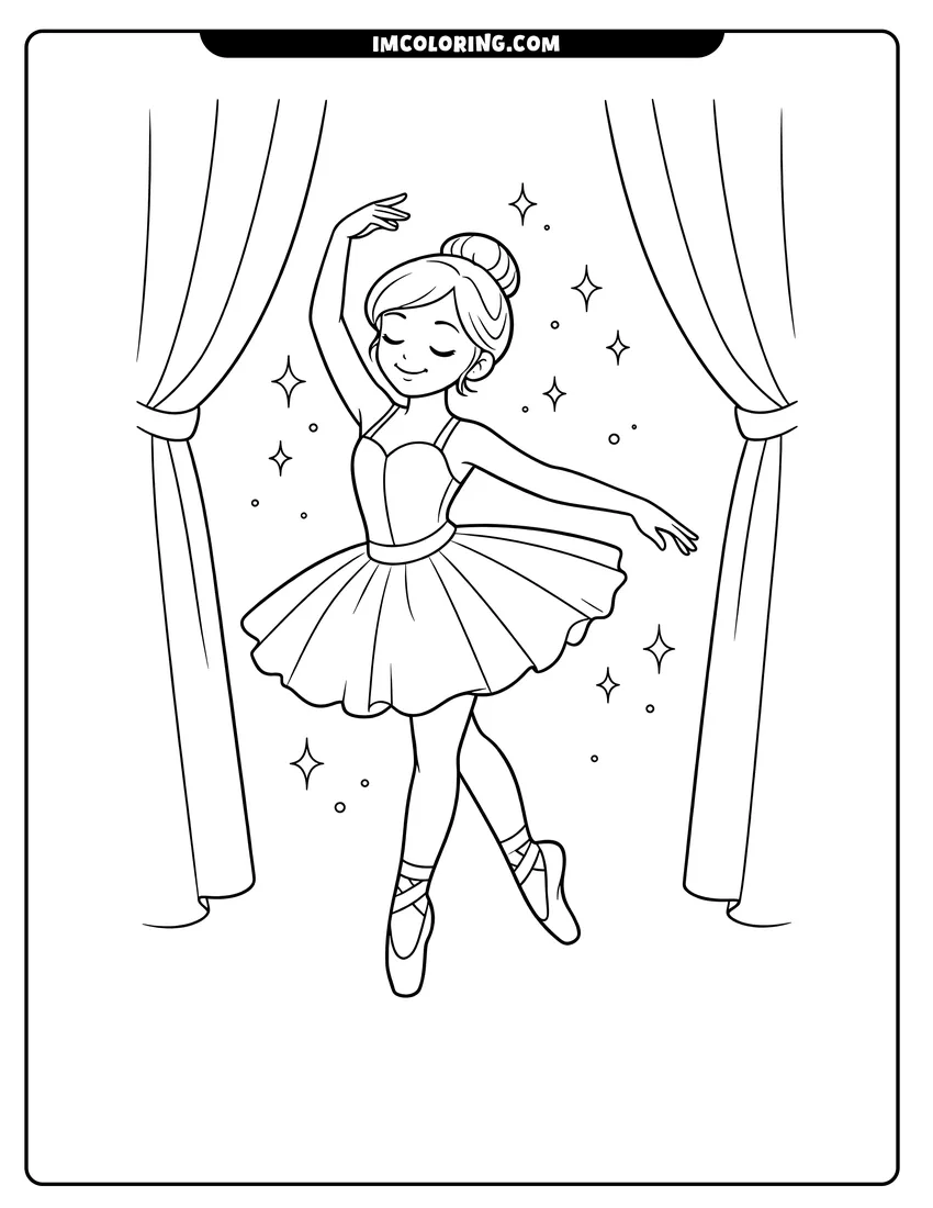 Printable Serene ballerina posing on stage with sparkles coloring activity