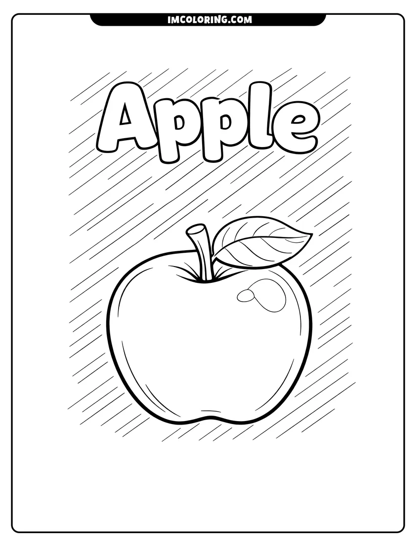 Coloring sheet of Shiny Apple with bubble text for kids