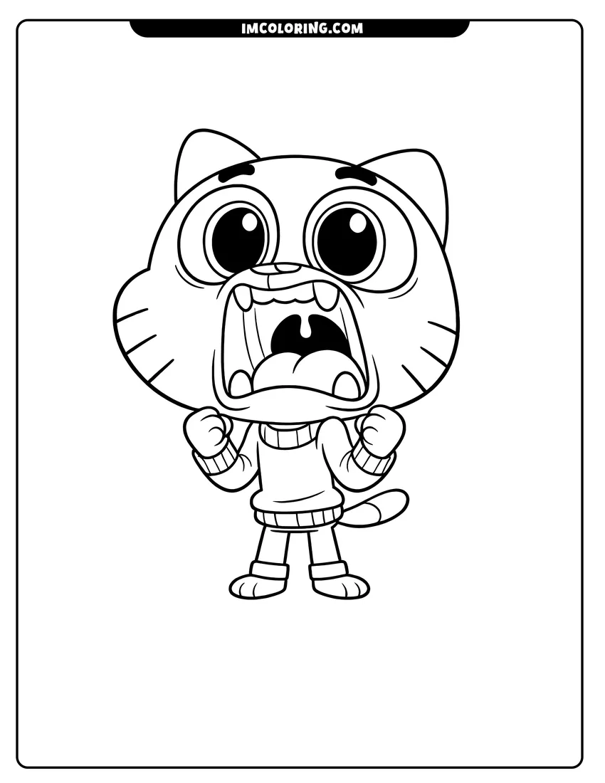 Kawaii style Gumball Watterson screaming with a giant head and eyes coloring picture