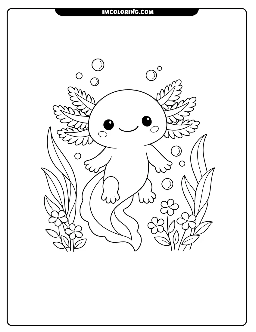 Coloring sheet of Smiling axolotl floating with aquatic flowers and leaves for kids