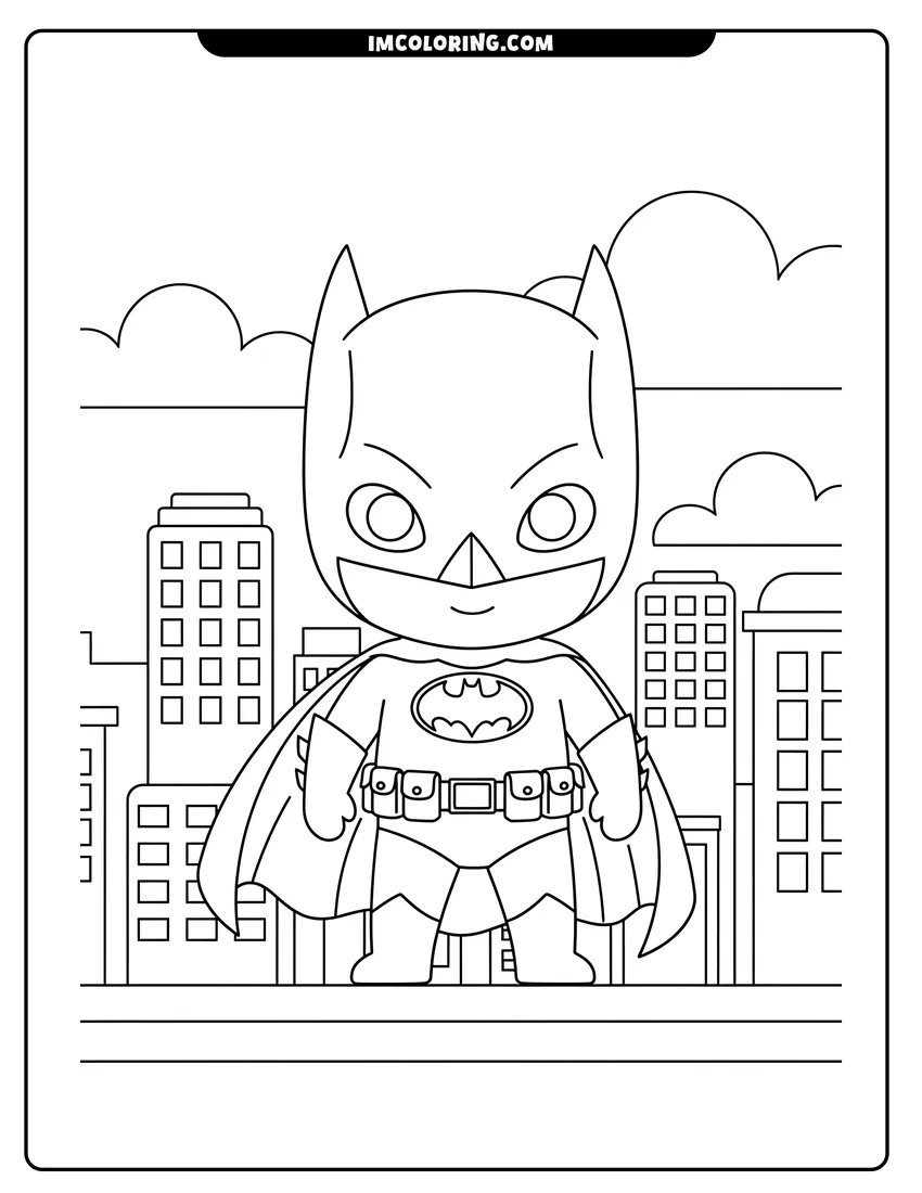 Kids activity sheet showing Simple chibi Batman standing on a city rooftop