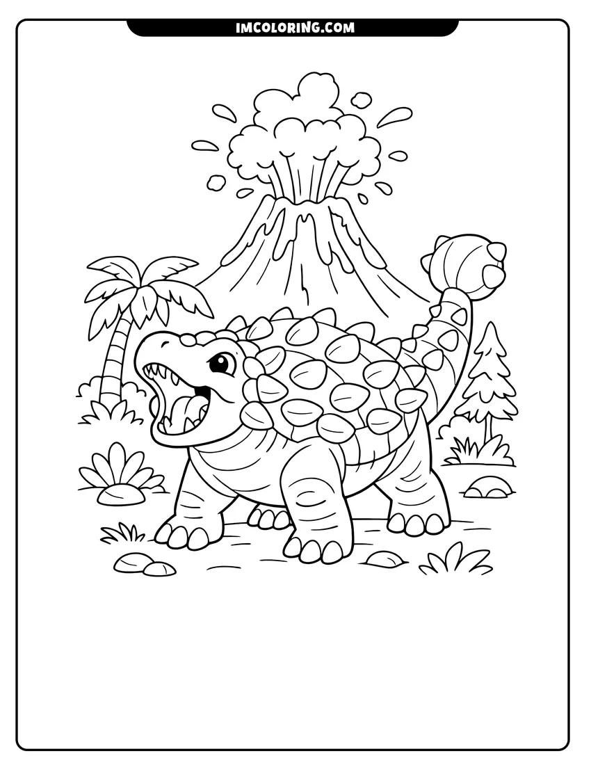 Scene showing Simple Ankylosaurus roaring with an erupting volcano in background to color