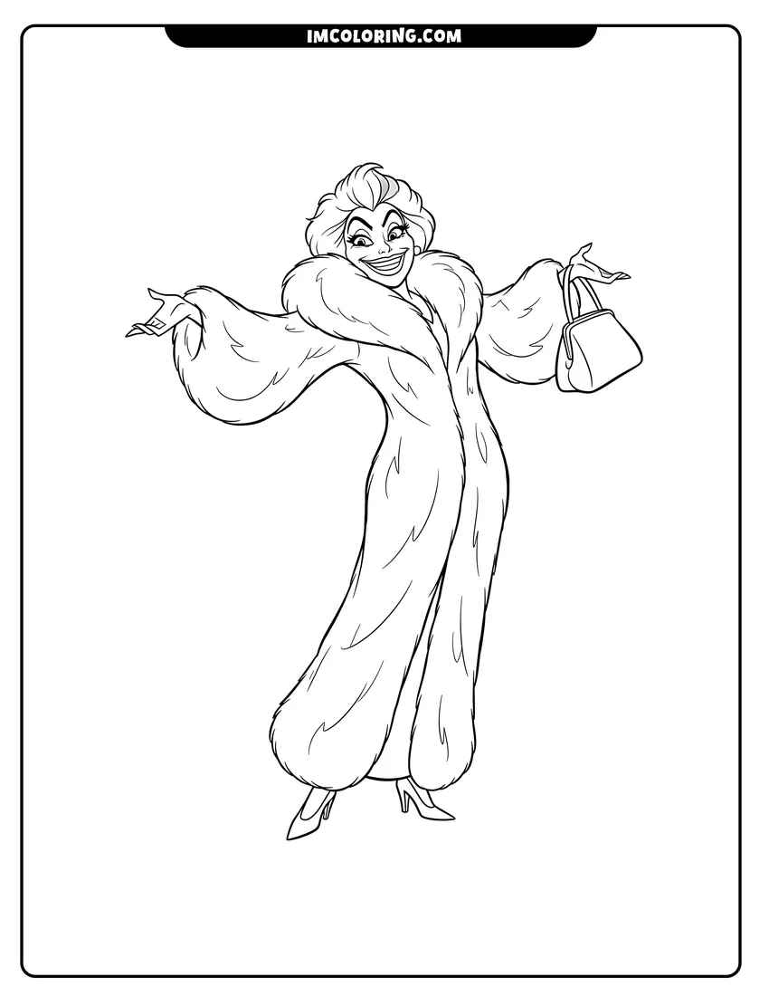 Coloring sheet of Cruella de Vil in a large fur coat for kids