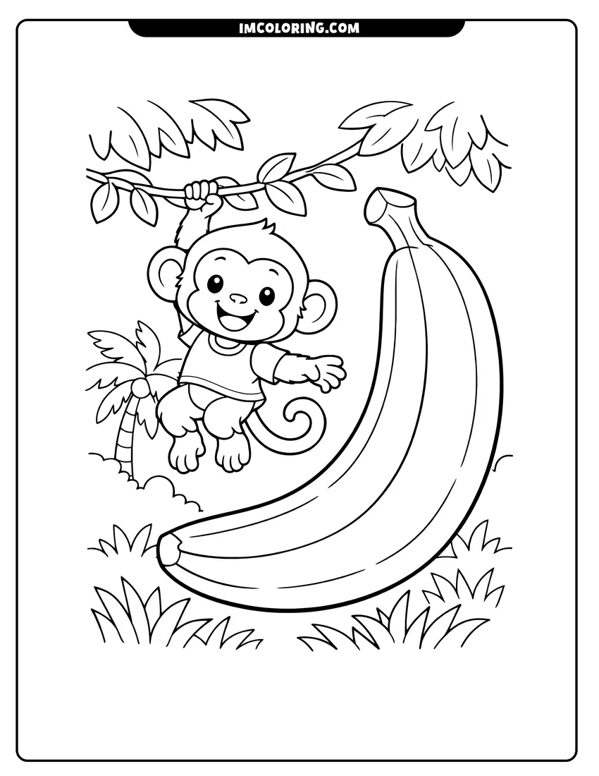 Small monkey next to a massive banana in the jungle drawing meant for coloring