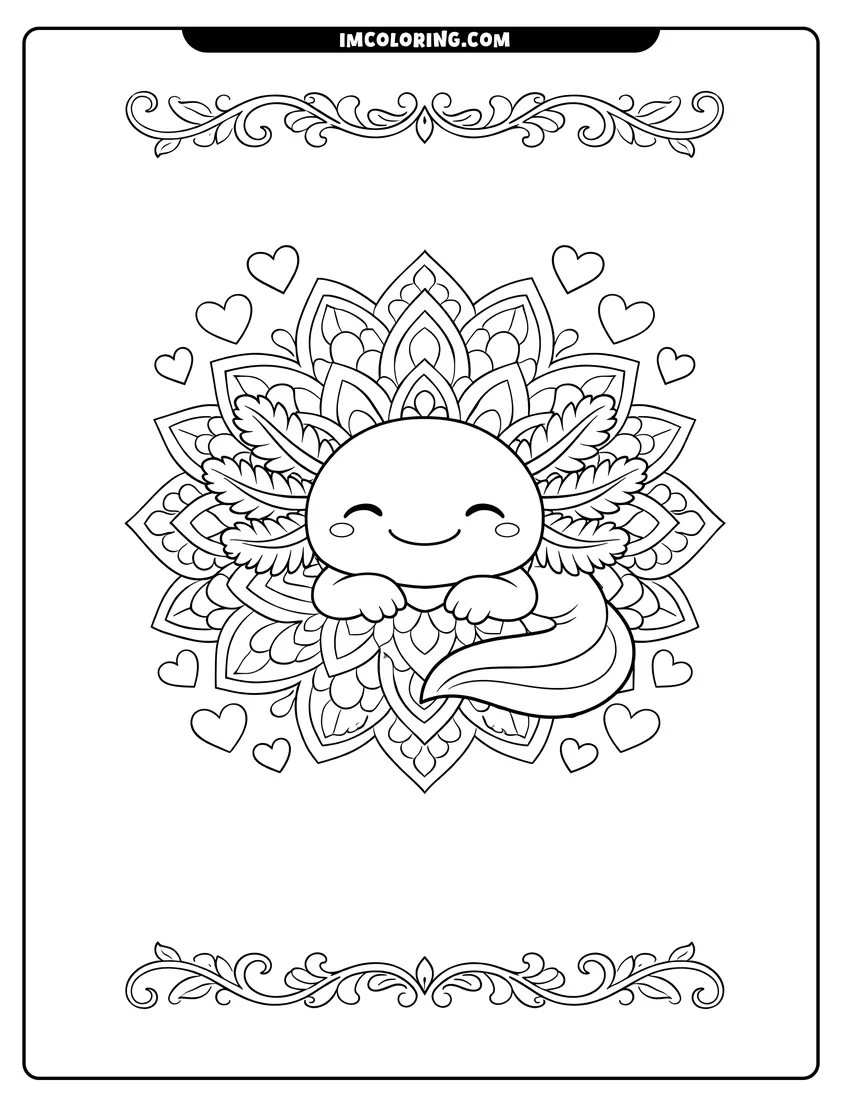 Coloring sheet of Smiling axolotl resting in a floral heart mandala for kids